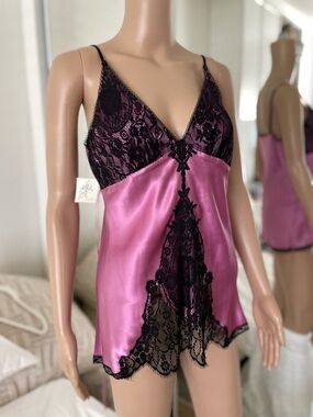 VTG JONQUIL Silk Lace Cami Top Size L Y2K Babydoll Tunic Pink Black 2000s